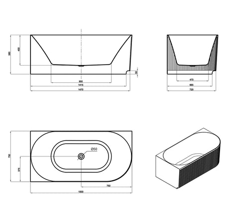 Attica HAVANA Left Corner Fluted Bathtub With Overflow (1500/1700mm) (Gloss White)
