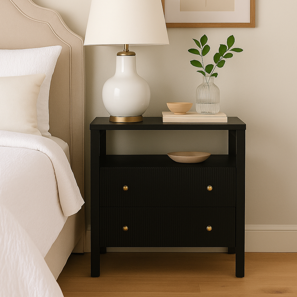 Aurelia Teak Black Bedside Table - 0.6m