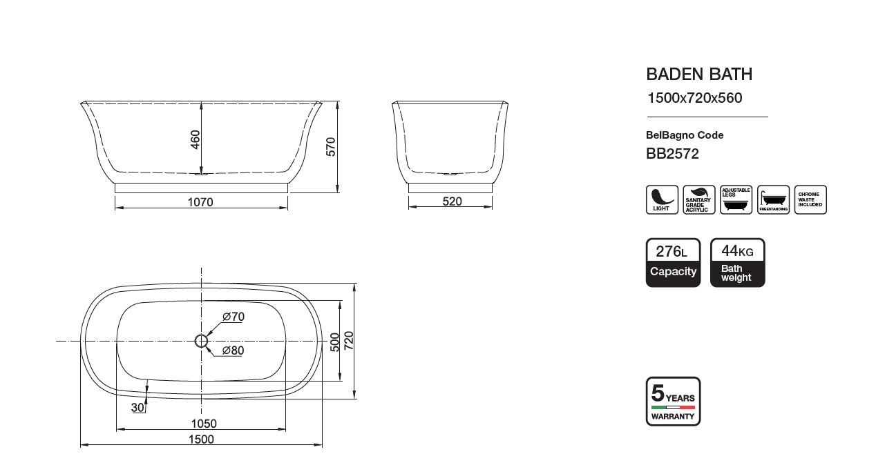 BADEN Freestanding Bathtub Overflow 1700mm/1500mm