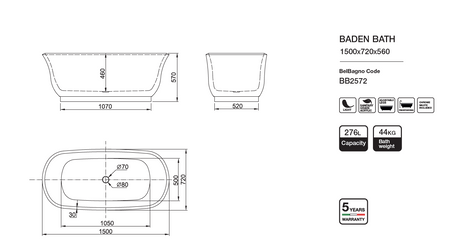 BADEN Freestanding Bathtub Overflow 1700mm/1500mm