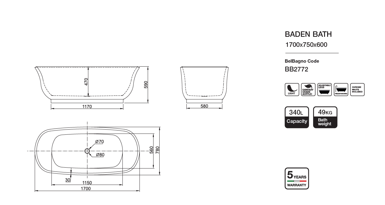 BADEN Freestanding Bathtub Overflow 1700mm/1500mm