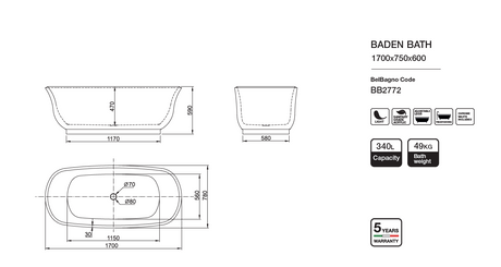 BADEN Freestanding Bathtub Overflow 1700mm/1500mm