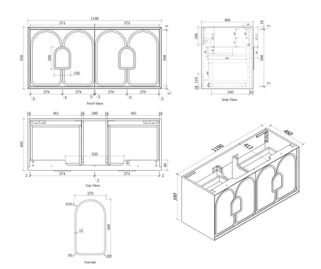 BALMORAL Wall Hung Vanity Black Oak Spec Sheet 1200