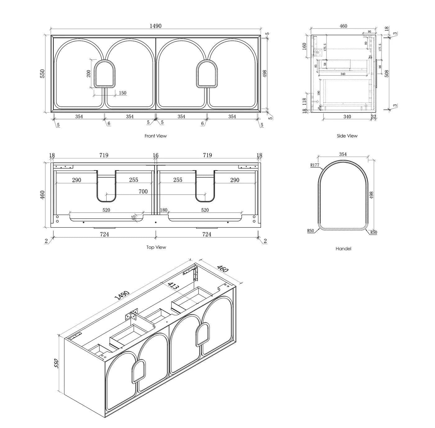 BALMORAL Wall Hung Vanity Black Oak Spec Sheet 1500