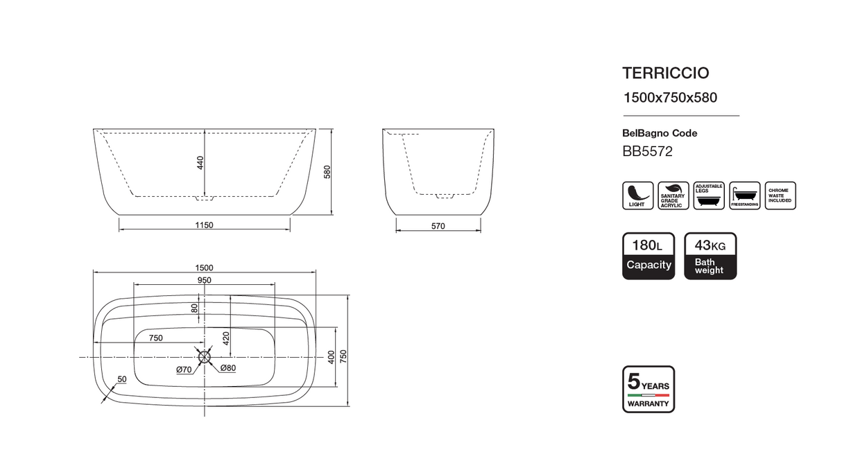 TERRICCIO Freestanding Bathtub Overflow 1700MM/1500MM