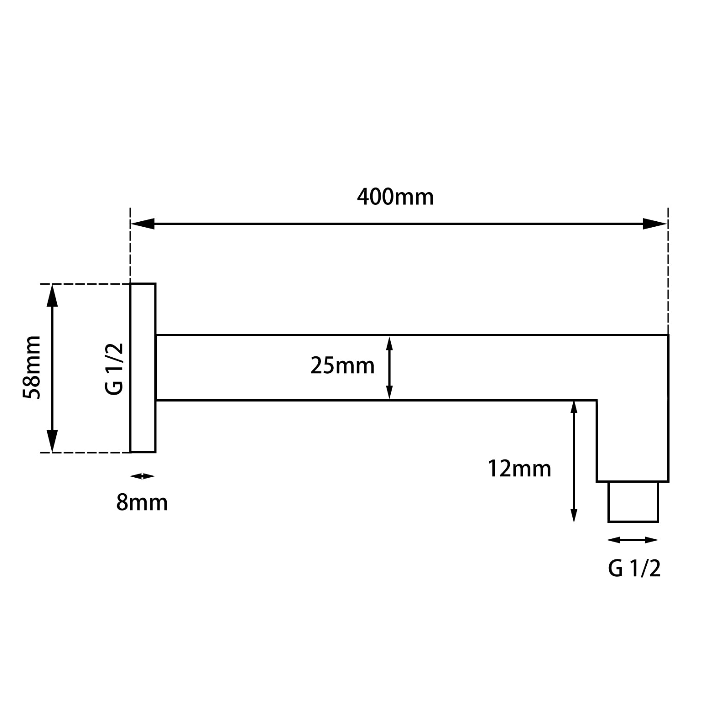 Blaze Square Wall Mounted Shower Arm 400mm - Chrome Technical Drawing