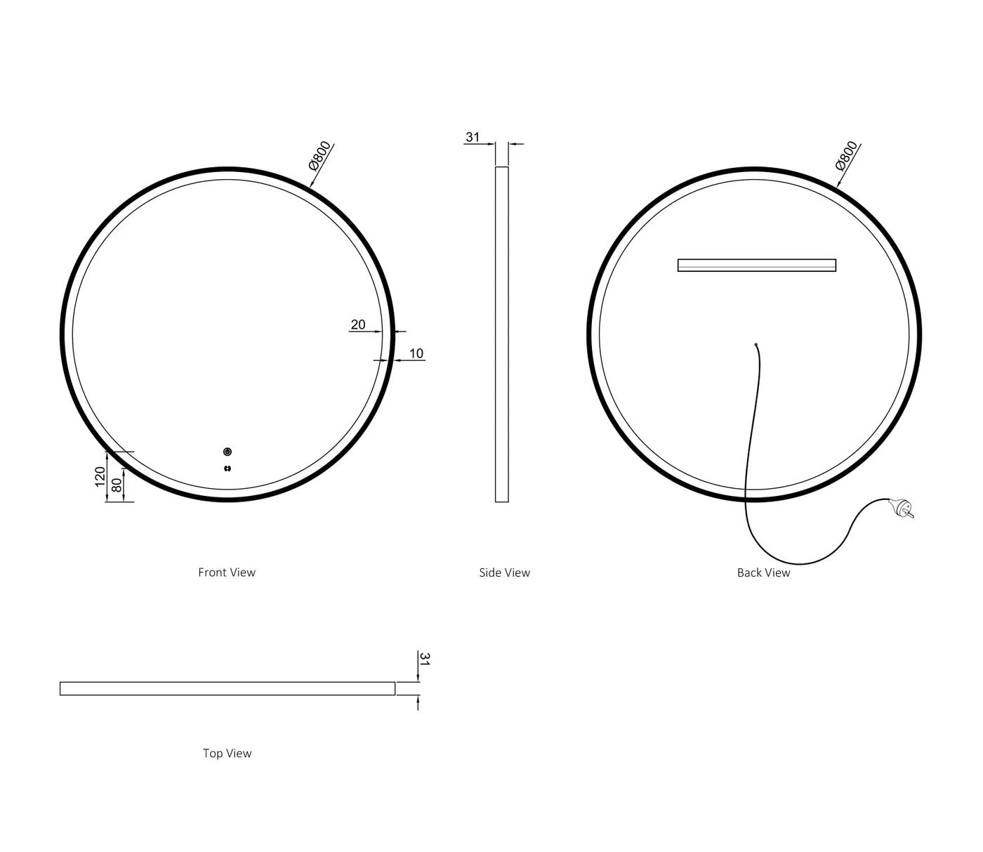 BONDI LED Round Metal Frame Mirror 800x800mm