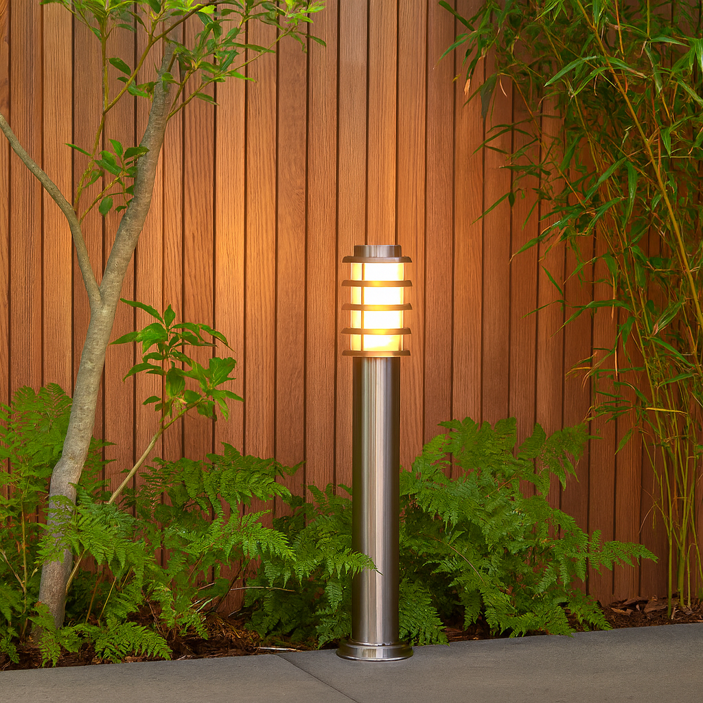 BORDA: E27 Surface Mounted Louvred Stainless Steel Bollard Lights IP44