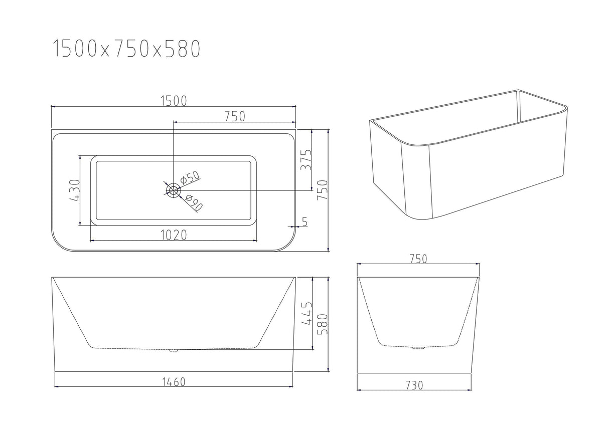 BUILLION Ultra-Thin Back-to-Wall Bathtub With Overflow (Gloss White) 1500/1700mm