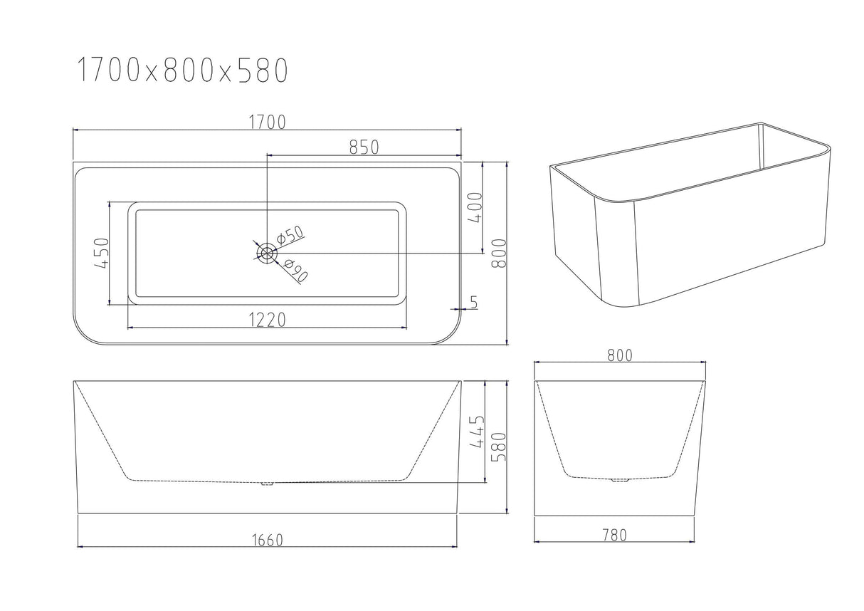 BUILLION Ultra-Thin Back-to-Wall Bathtub With Overflow (Gloss White) 1500/1700mm