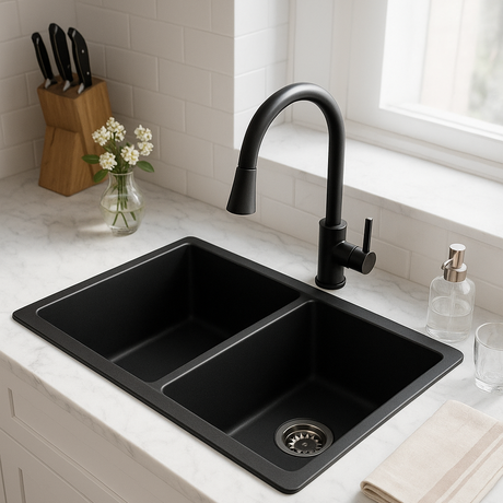 Black Carysil Granite Double Bowl Kitchen Sink- 824x481x241mm