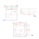 Brass Smart Tile Insert Floor Waste Shower Grate Drain 115x115mm - Black Technical Drawing