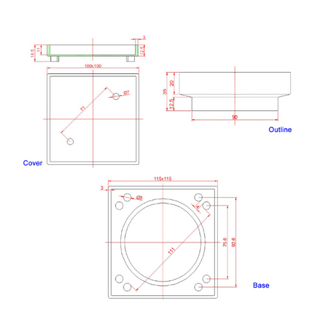 Brass Smart Tile Insert Floor Waste Shower Grate Drain 115x115mm - Black Technical Drawing