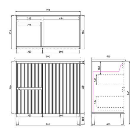 Brighton Freestanding PVC Vanity 900mm -drawing