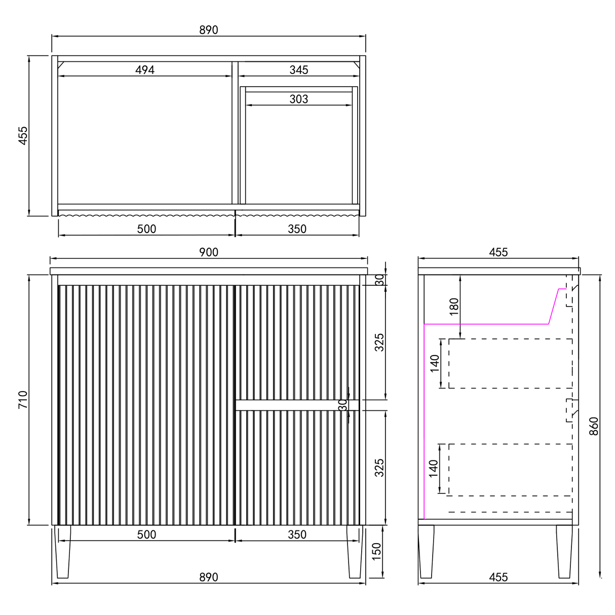 Brighton Freestanding PVC Vanity 900mm -drawing