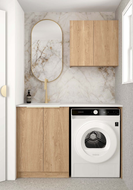 Byron Natural Oak Laundry Cabinet with Stone Top Set 1305x600x2100mm (Style A)
A natural oak laundry cabinet with stone top, soft closing doors, and a stainless steel laundry sink installed in a room with washing machine and dryer.
