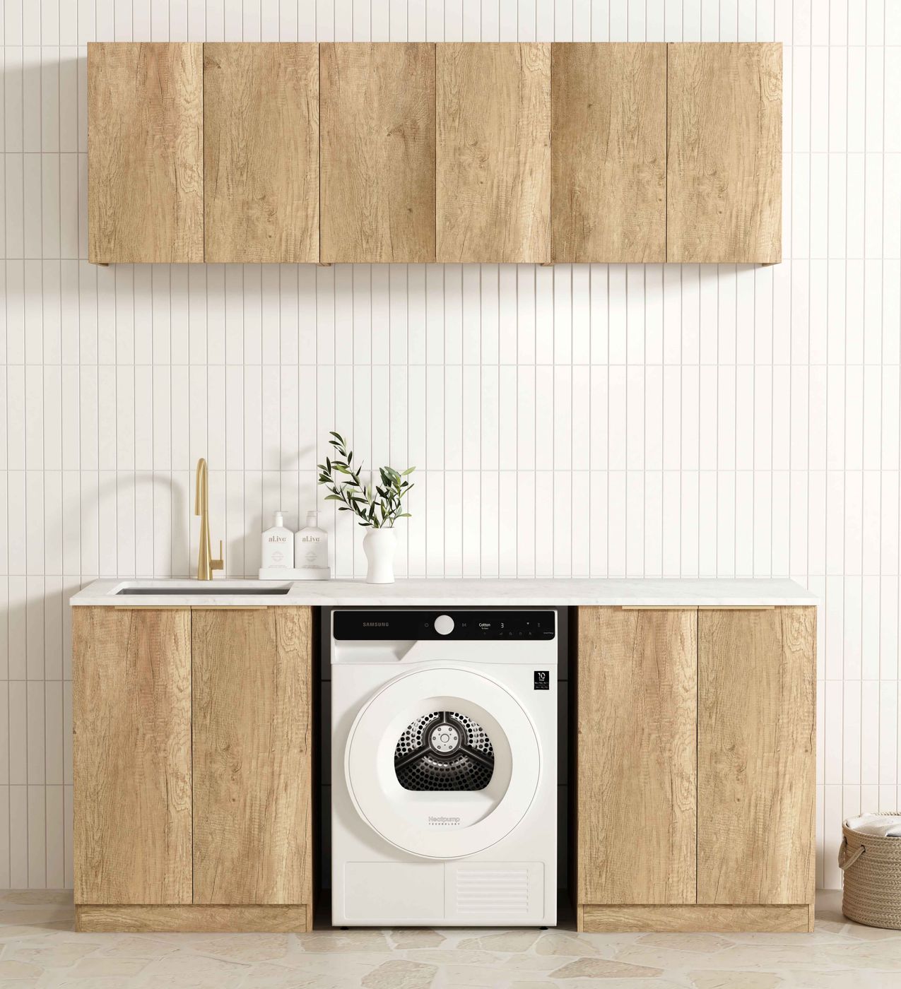 Byron Natural Oak Laundry Cabinet with Stone Top Set 1960x600x2100mm (Style B)