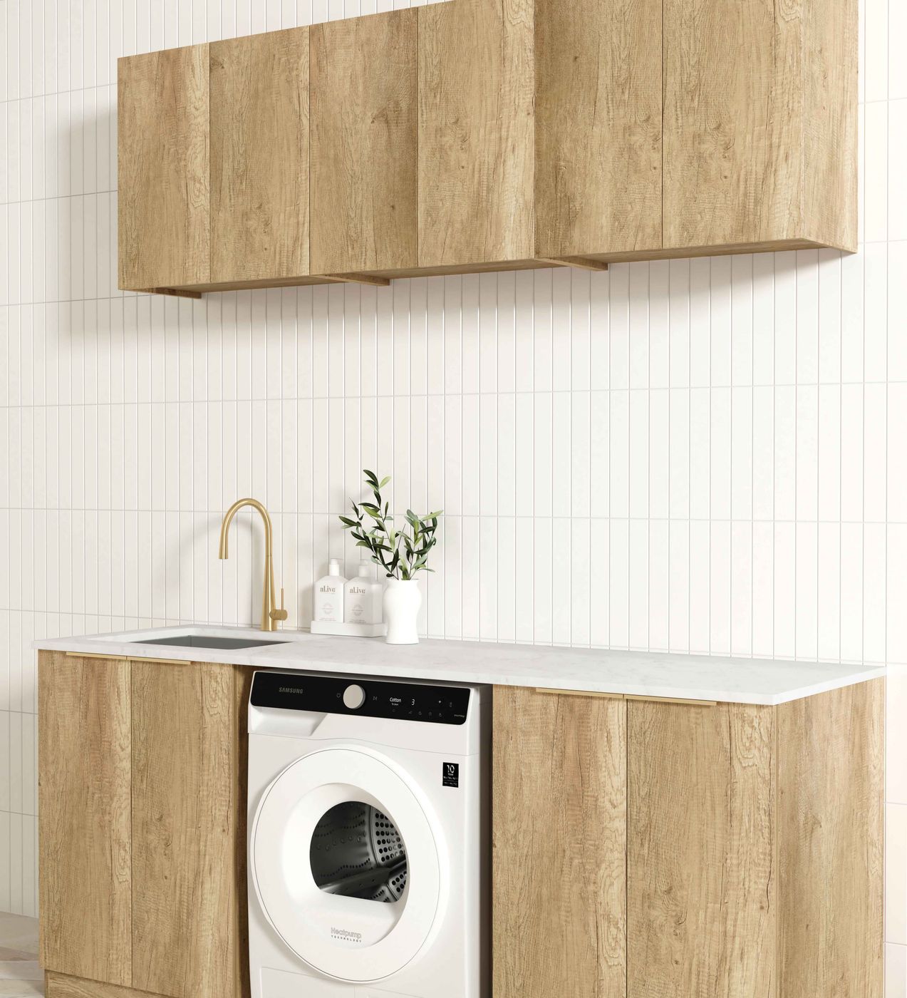 Byron Natural Oak Laundry Cabinet with Stone Top Set 1960x600x2100mm (Style B)