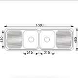 Cora Double Bowl & Double Drainer 1380 x 480 x 170mm (Chrome)