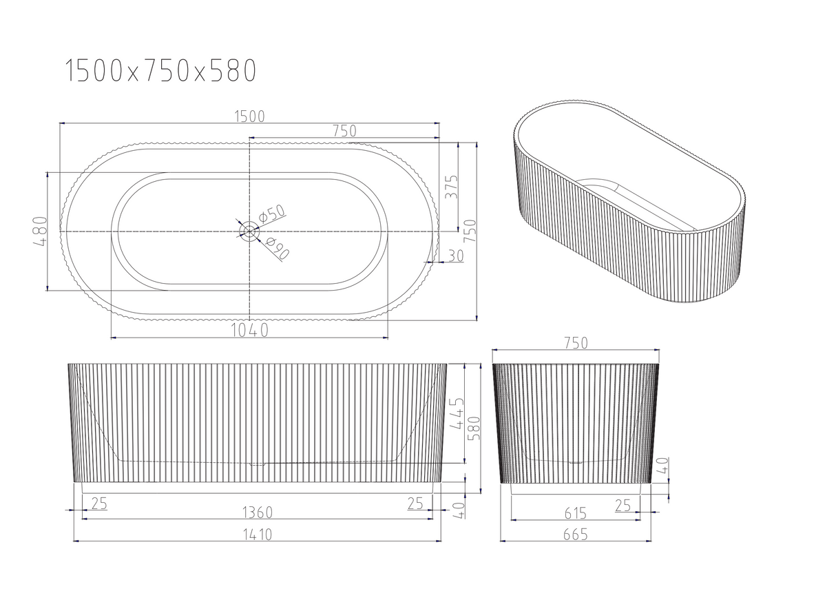 Rose Fluted V-Groove Freestanding Bathtub With Overflow (Matte White) (1500/1700mm)