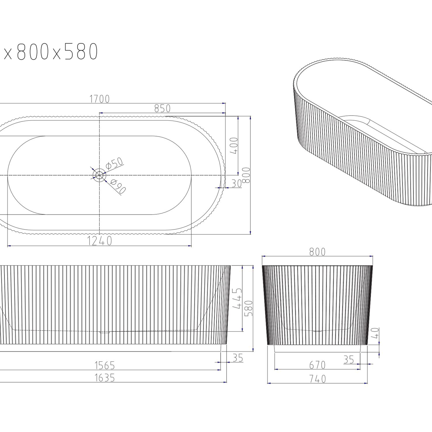 Rose Fluted V-Groove Freestanding Bathtub With Overflow (Matte White) (1500/1700mm)
