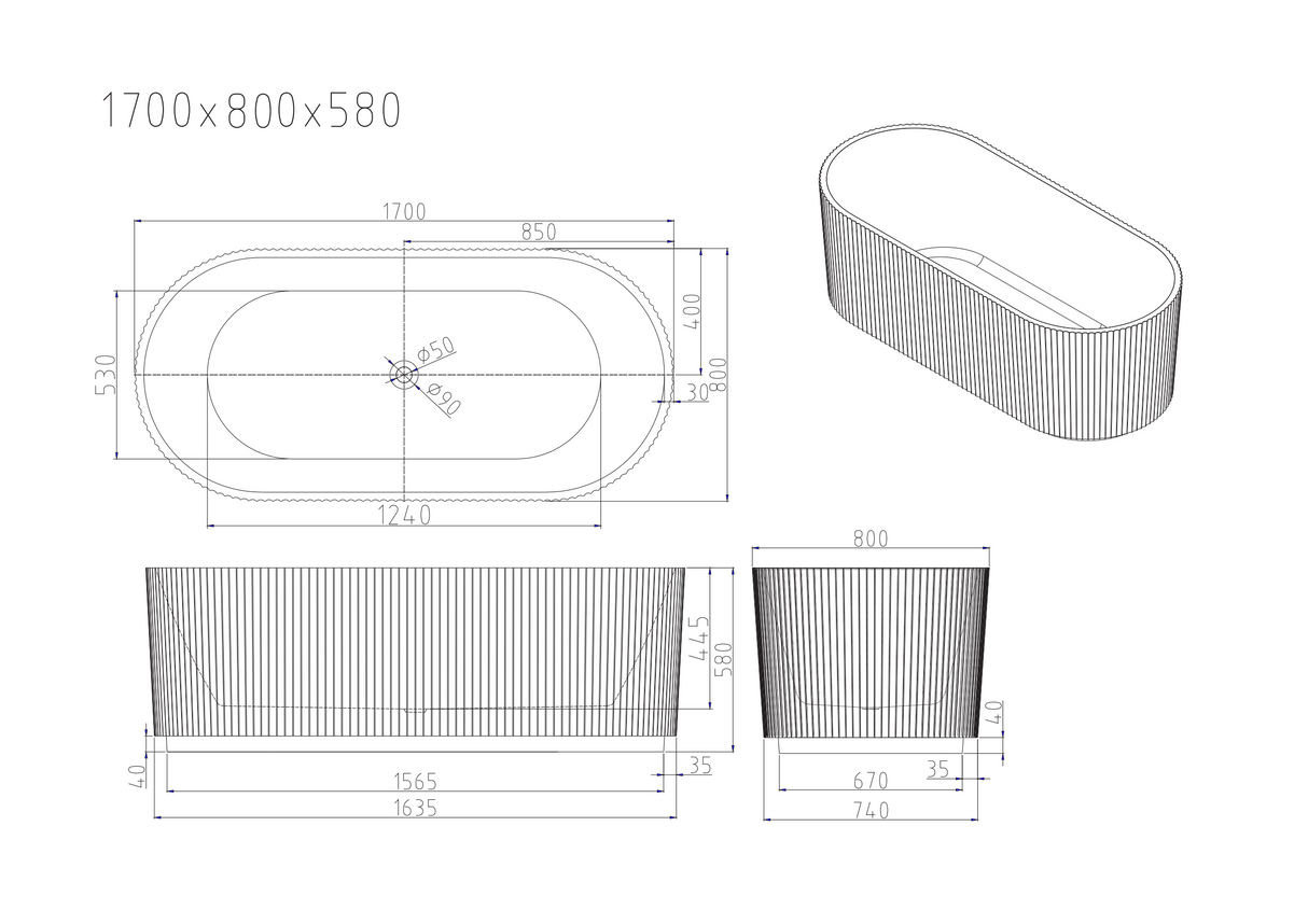 Rose Fluted V-Groove Freestanding Bathtub With Overflow (Matte White) (1500/1700mm)