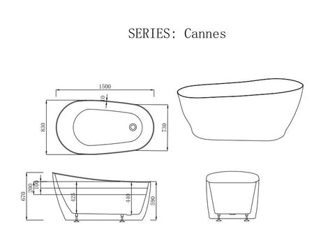 CANNES Matte White Free-Standing Bathtub Overflow 1500mm
