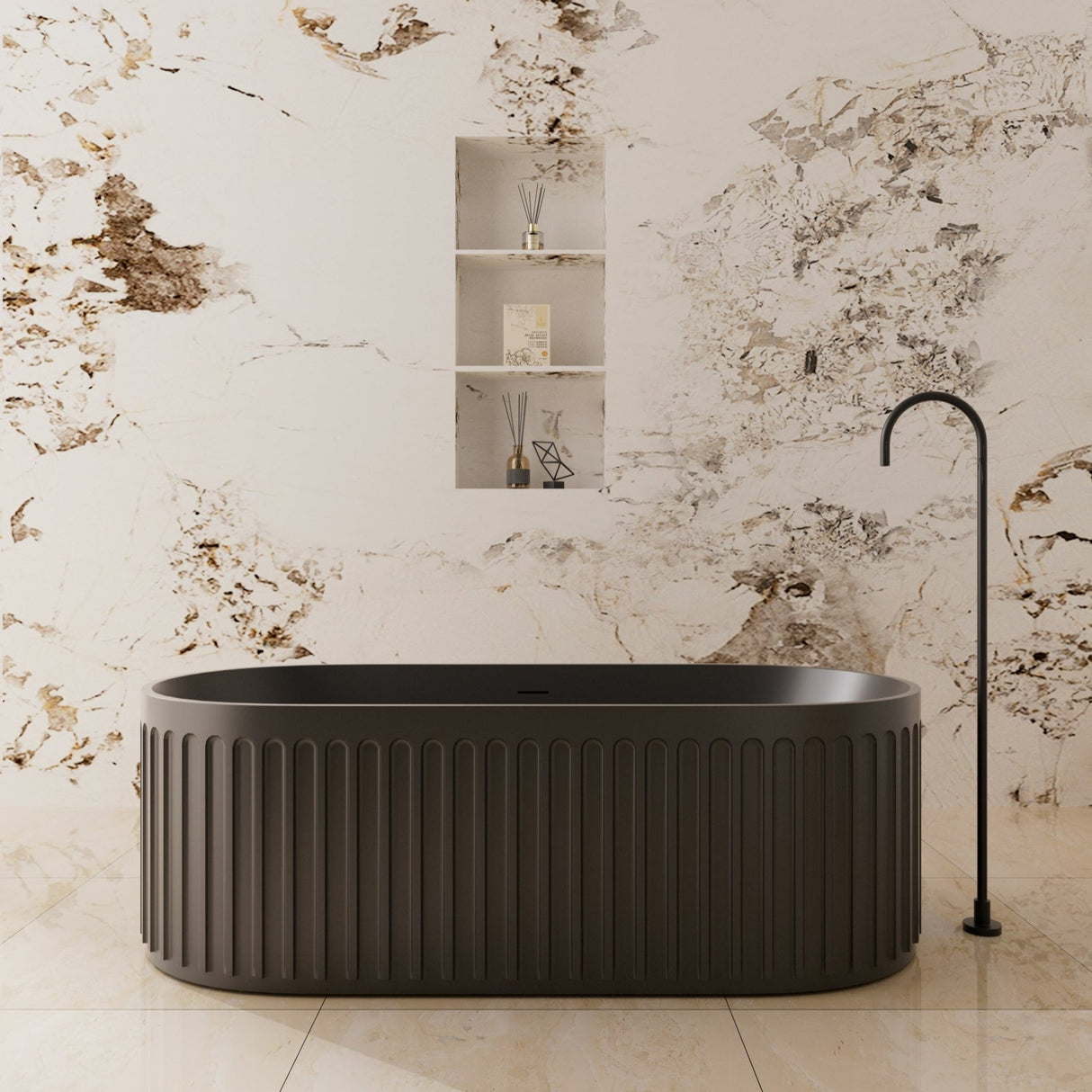 Cascade Solid Surface Stone Bathtub with Overflow (Matte Black) (1700mm)
