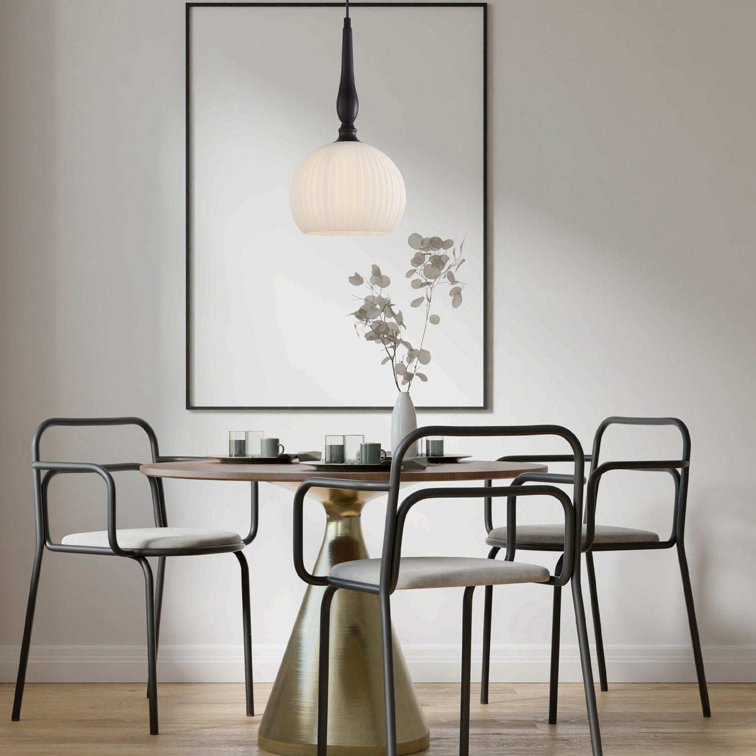 CALIZ: Interior Frosted Wine Glass Ribbed with Brass / Black Pendant Lights