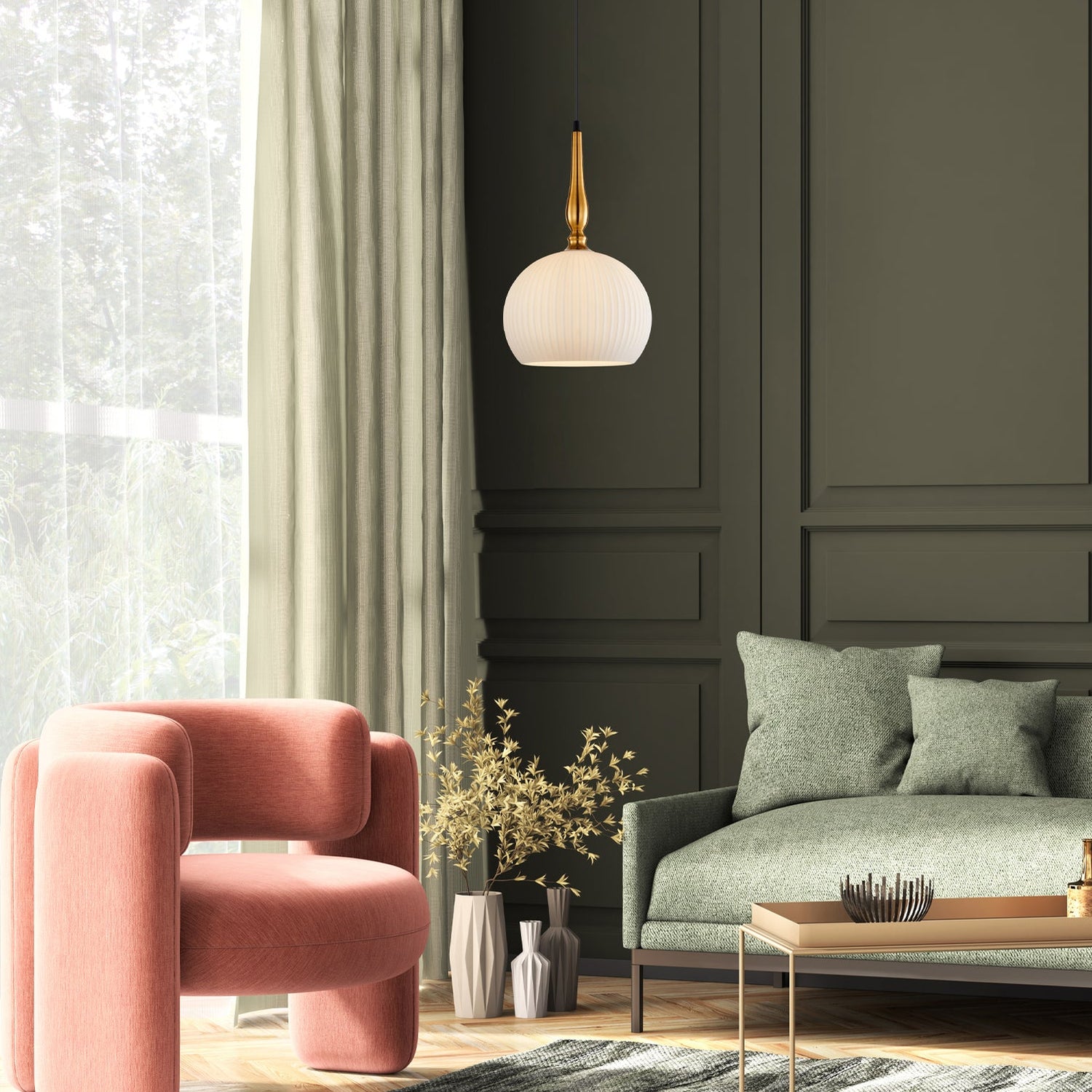 CALIZ: Interior Frosted Wine Glass Ribbed with Brass / Black Pendant Lights