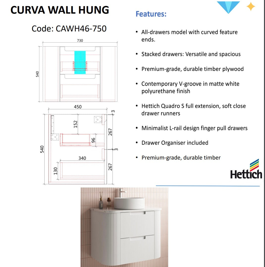 CURVA Wall Hung Fluted Curved Vanity Matte White (All Sizes)