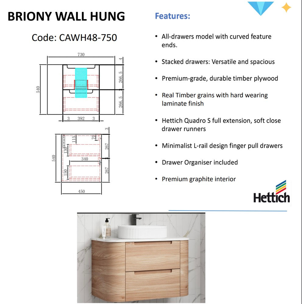 Briony Wall Hung Curve Vanity Mia Oak (All Size)
