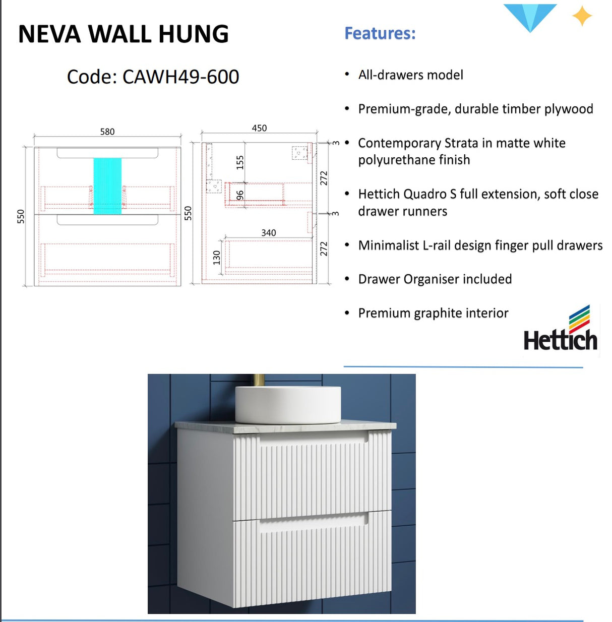 NEVA Wall Hung Vanity Matte White (All Sizes)