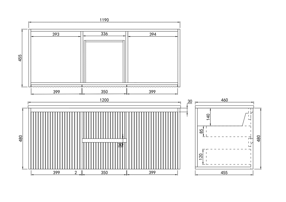 Brindabella Wall Hung Vanity (Middle Drawer) 1200mm (Single/Double Bowl) (Matte Black)