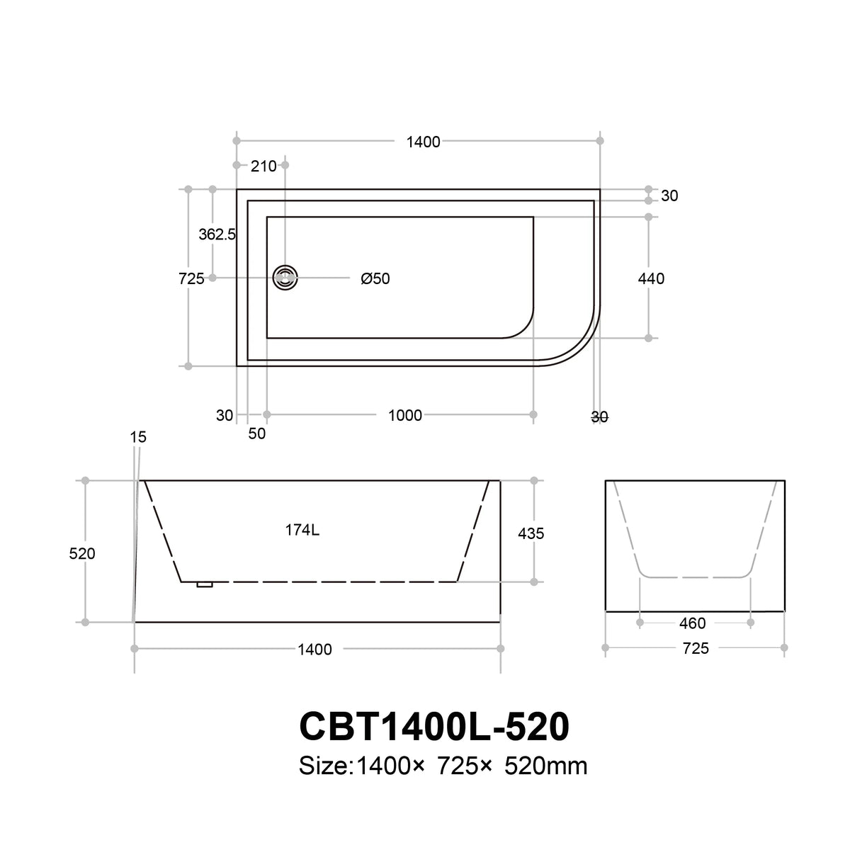 Casey Bathtub-Left Corner-Gloss White-Without Overflow-1400-1500-1700mm