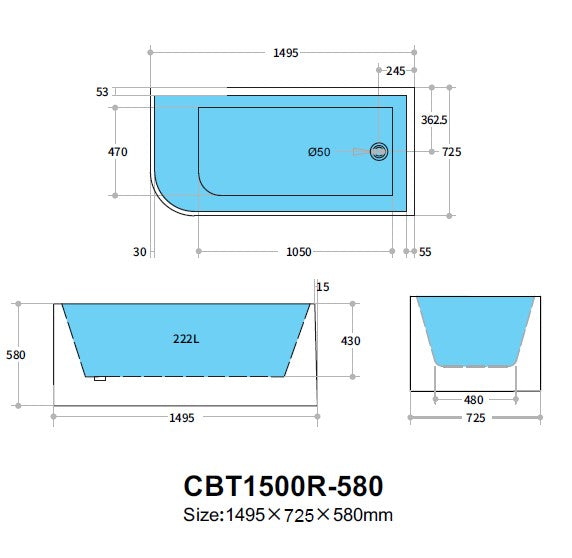 Casey Corner Back to Wall Bathtub with Non-Overflow (Right Corner/Matte White) (1500/1700mm)