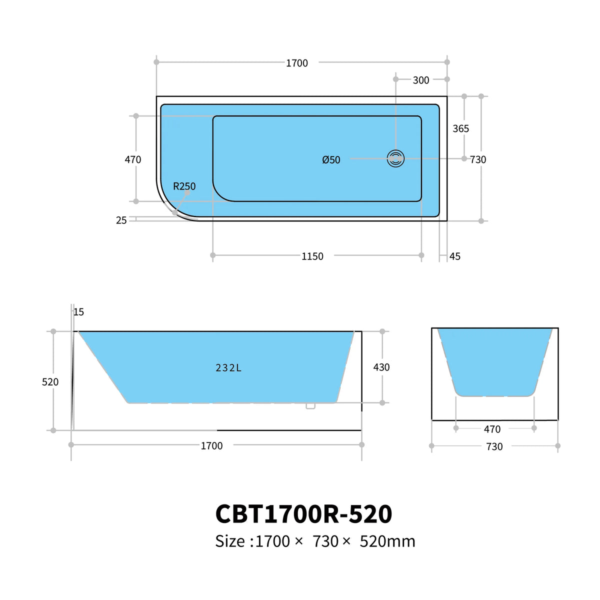 Casey Bathtub-Left Corner-Gloss White-Without Overflow-1400-1500-1700mm