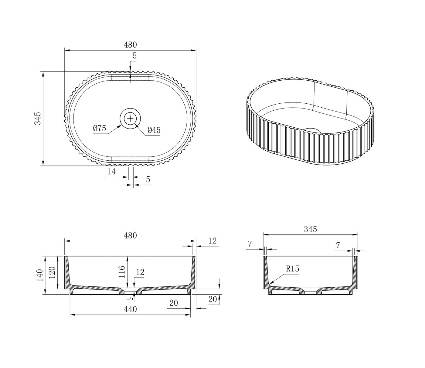 CELINE Fluted Solid Surface Matte White Basin (Oval:480x345x140)