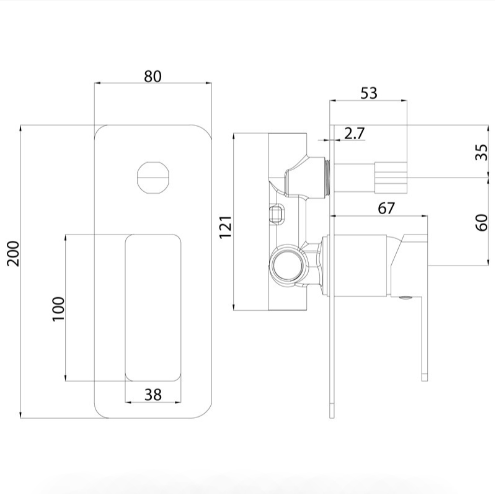 Ceram Wall Mixer with Diverter - Technical Drawing