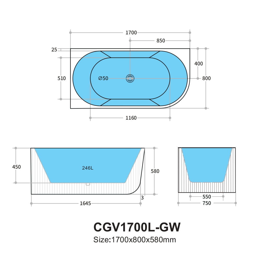 Capri Back to Wall Bathtub with Non-Overflow (LeftCorner/ Gloss White/Matte White) (1500/1700mm)