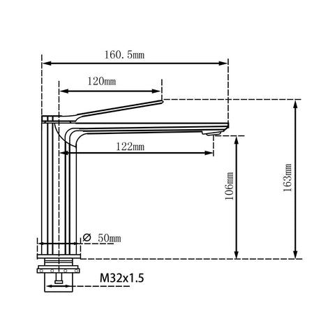 AQU RUSHY Basin Mixer - Chrome Technical Drawing