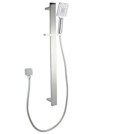 AQU Square Sliding Shower Rail With 3 Mode Handheld Shower Wall Connector Set - Chrome