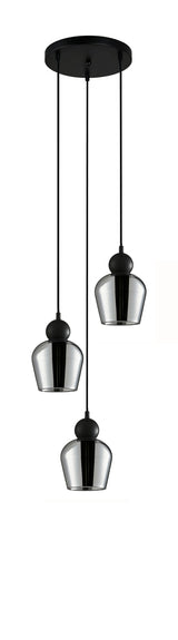 CHAMPAN: Interior Bronze Amber / Smokey Black Glass Ellipse Multiple Round Base Pendant Lights