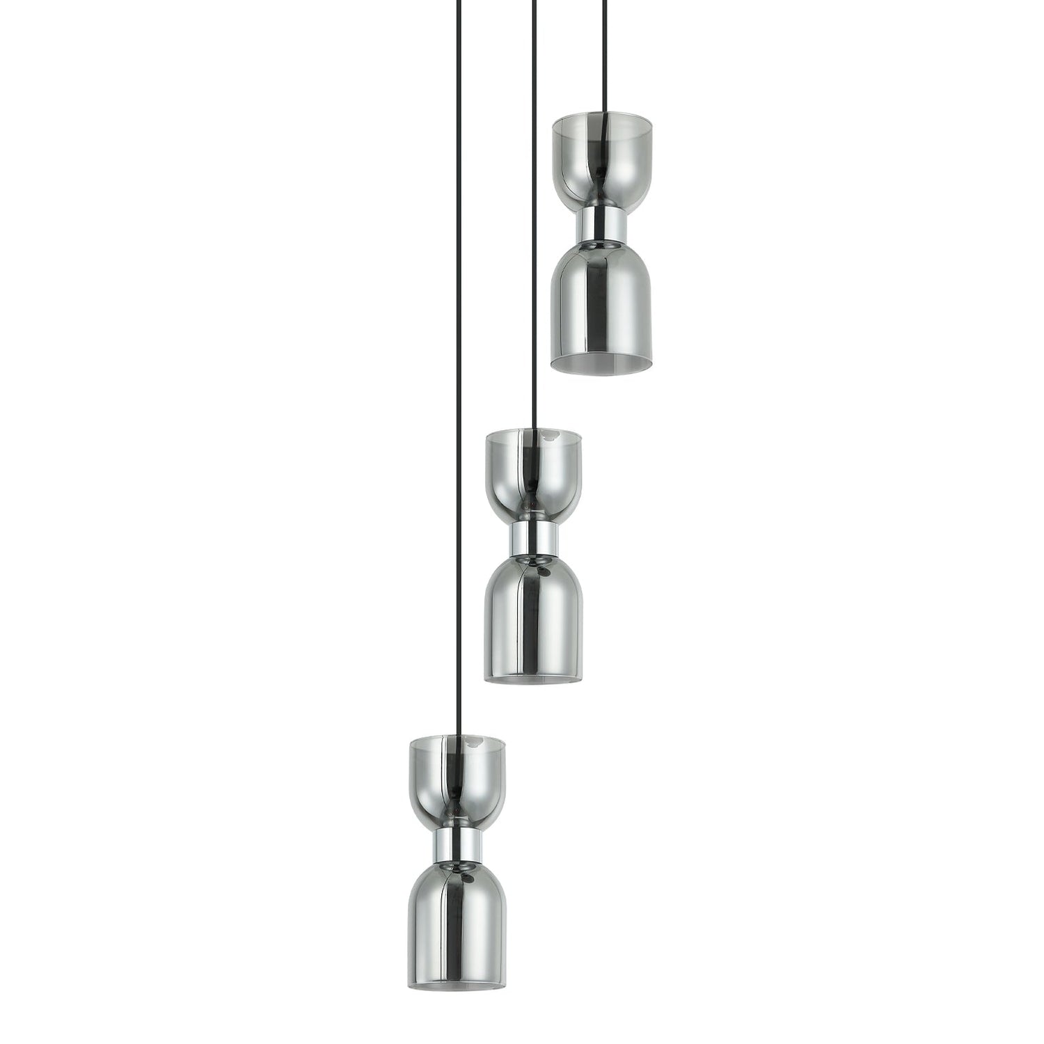 CLESSIDRA: Interior Mirror Finish Smokey Black / Opal Glass Ellipse Multiple Round Base Pendant Lights