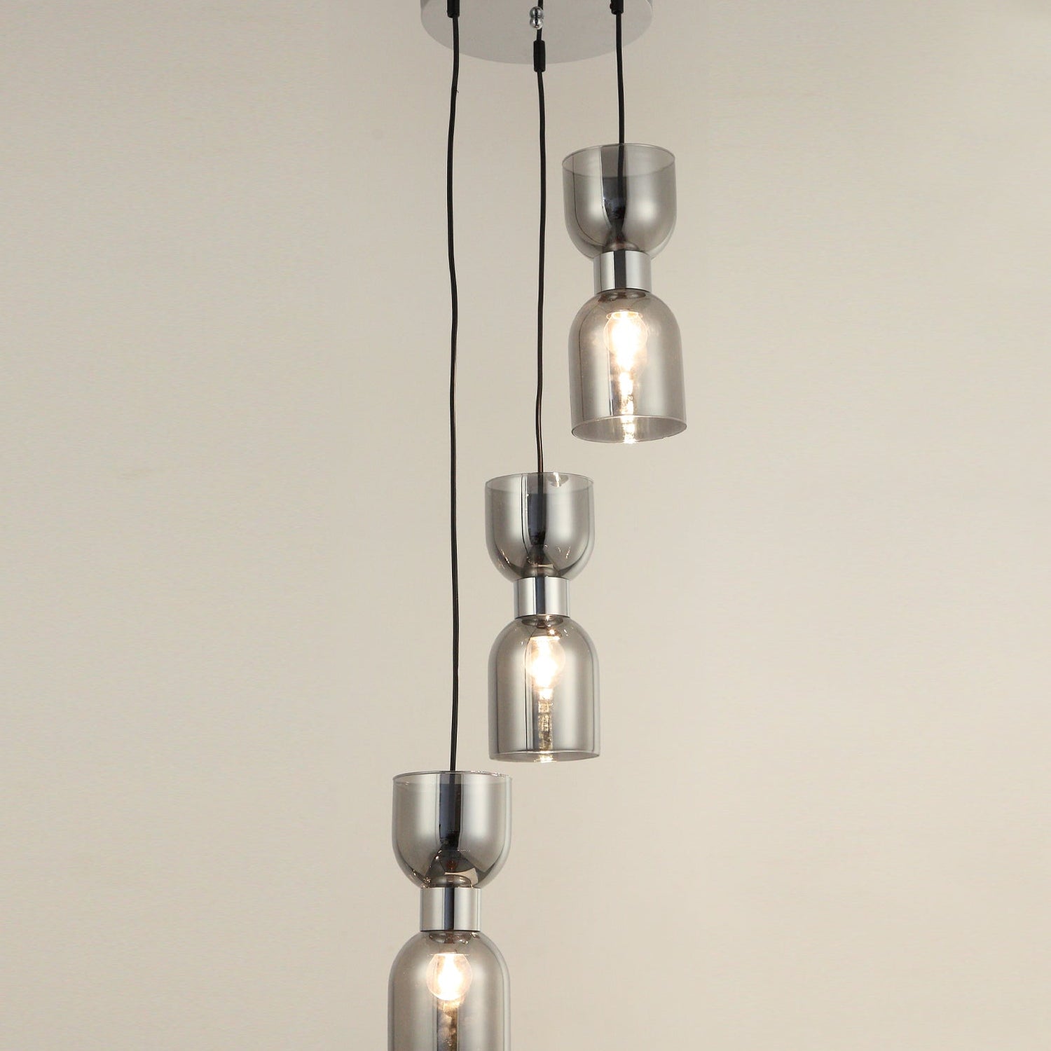 CLESSIDRA: Interior Mirror Finish Smokey Black / Opal Glass Ellipse Multiple Round Base Pendant Lights