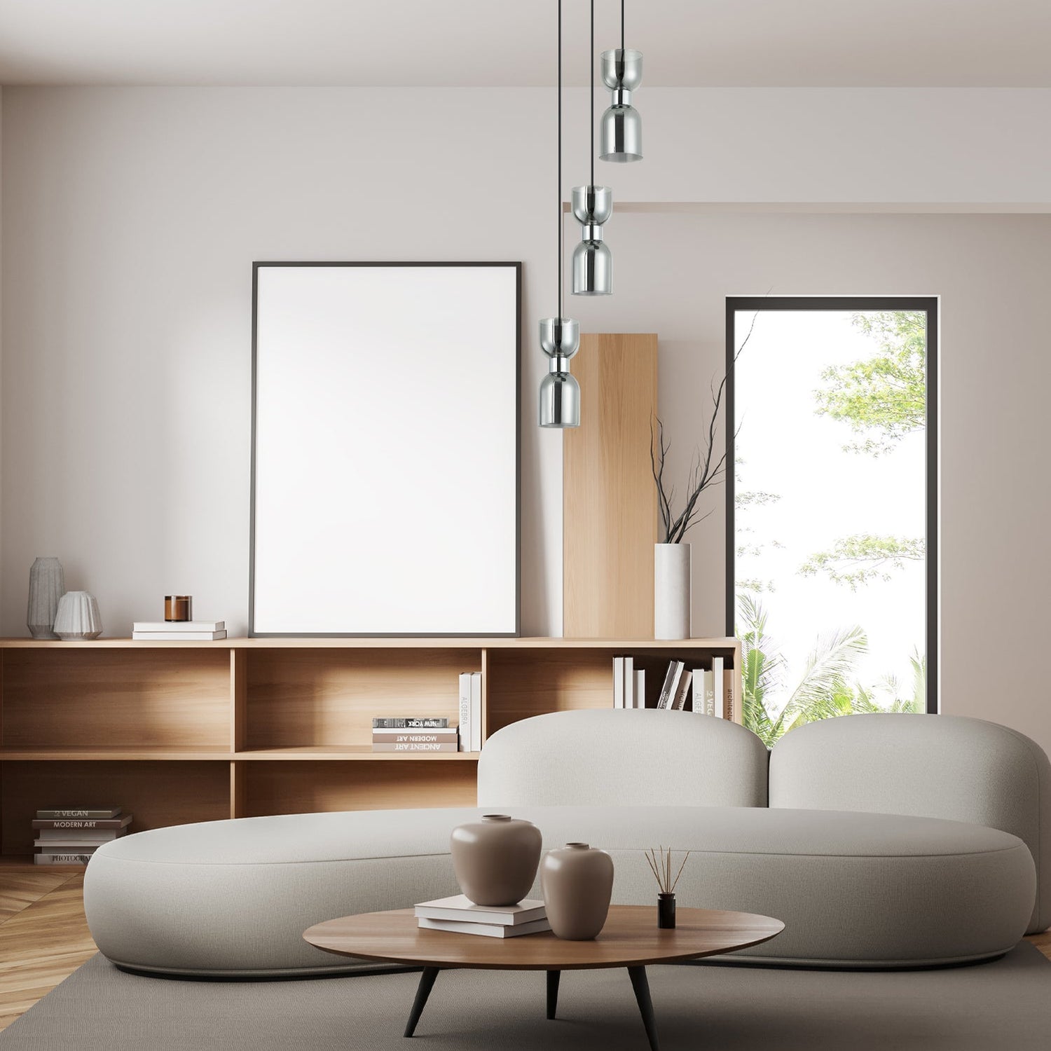 CLESSIDRA: Interior Mirror Finish Smokey Black / Opal Glass Ellipse Multiple Round Base Pendant Lights
