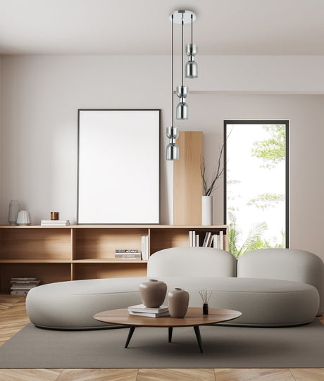 CLESSIDRA: Interior Mirror Finish Smokey Black / Opal Glass Ellipse Multiple Round Base Pendant Lights