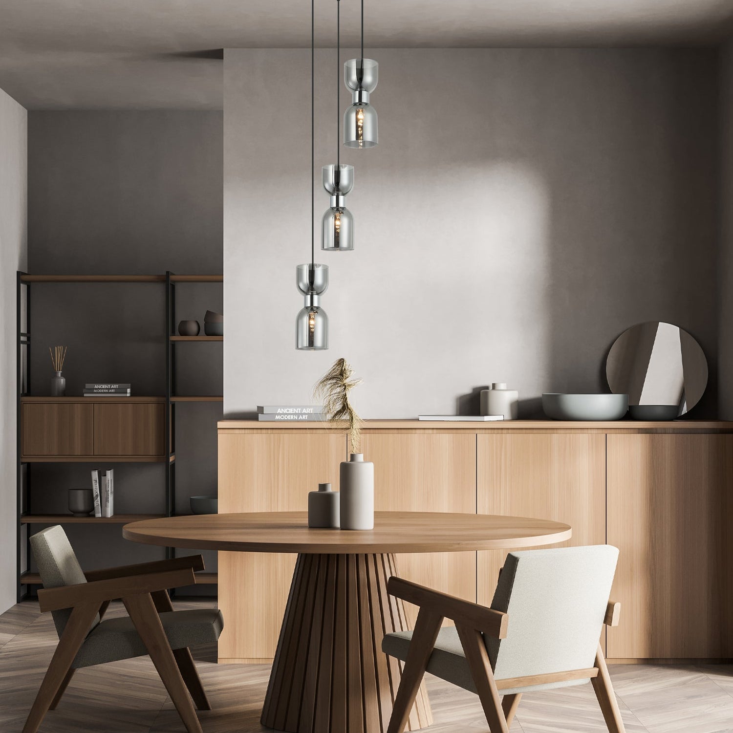 CLESSIDRA: Interior Mirror Finish Smokey Black / Opal Glass Ellipse Multiple Round Base Pendant Lights