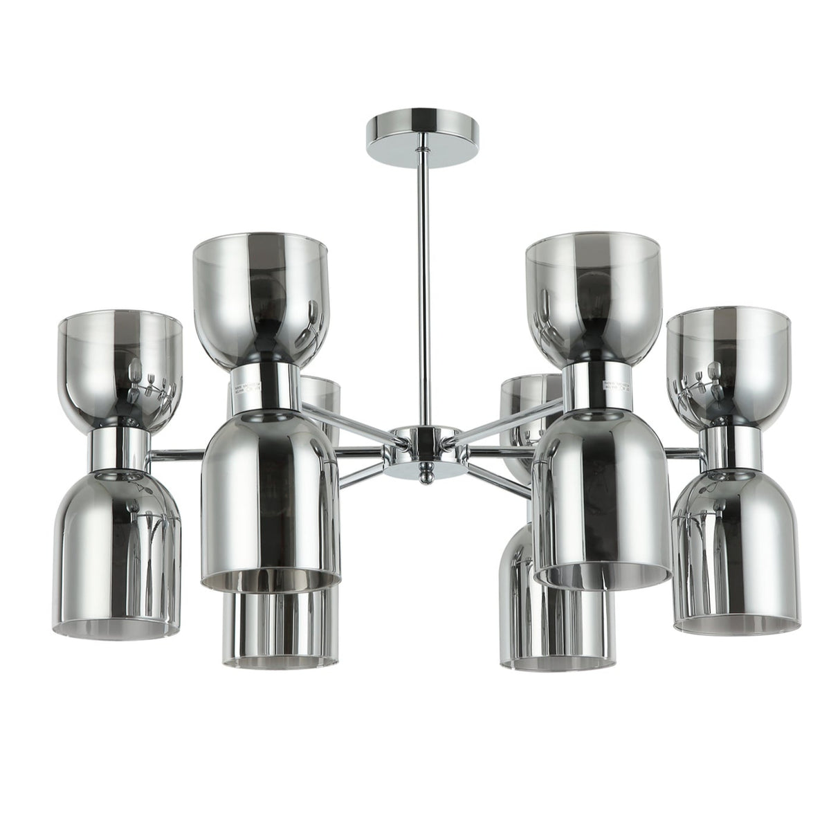 CLESSIDRA: Interior Mirror Finish Smokey Black / Opal Glass Ellipse x12 Round Base Pendant Lights