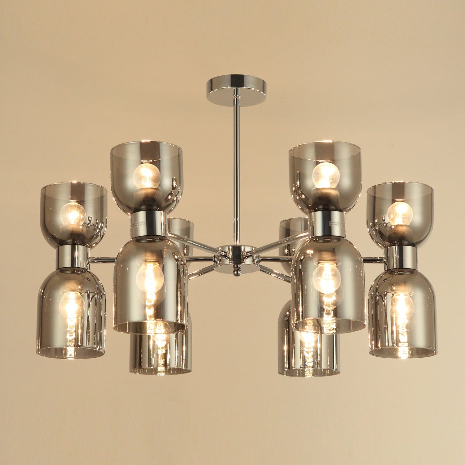 CLESSIDRA: Interior Mirror Finish Smokey Black / Opal Glass Ellipse x12 Round Base Pendant Lights